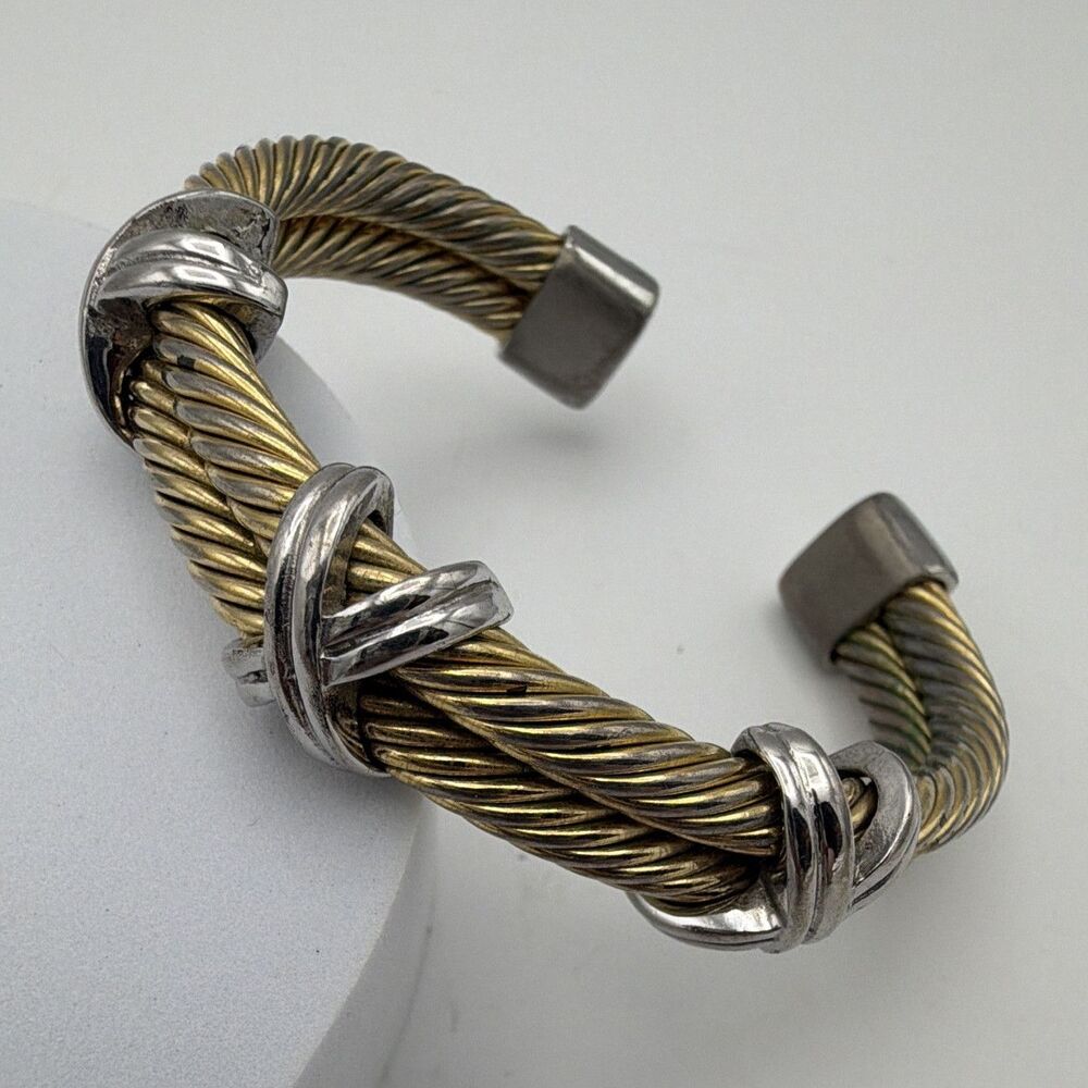 Two-Tone Gold/Silver Rope Cable Wire Cuff Bracelet Silver Tone Knot Accents